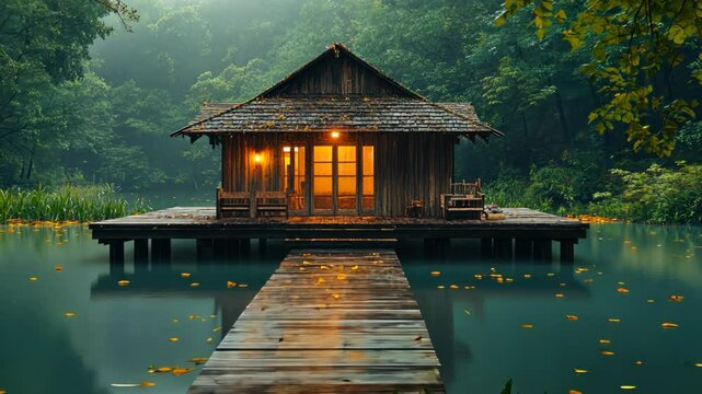 Wooden cabin on a lake pier in a lush forest