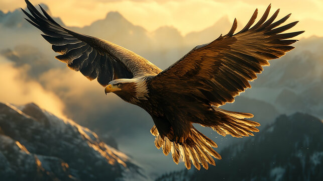 Majestic eagle soaring above a mountain range.
