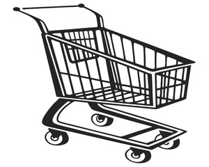 Monochrome Illustration of a Classic Supermarket Shopping Cart on a White Background