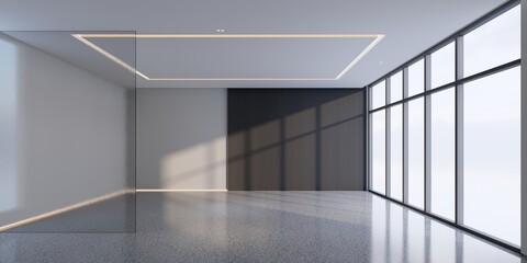 Futuristic Empty Room with Glass Blank Dpace for Advertising, 8K 3D Render for Digital Posters and UI Mockups