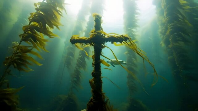 Sunken Cross, mystical underwater kelp forest scene. Sea turtle swims. Symbol of faith in ocean. Marine sanctuary, environmental themes. Religious art, diving, peace, healing, hope.