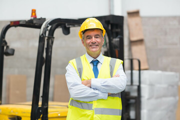 Man standing in warehouse wearing safety vest and hard hat by forklift with stacked pallets