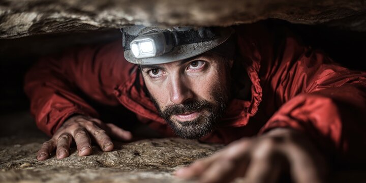 Focused caver exploring a tight passage, headlamp illuminating the way in the darkness. Close-up on determination, pushing through the unknown. Adventure! - Powered by Adobe
