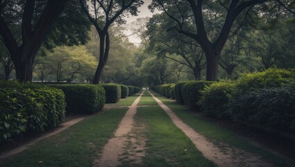Obraz premium Alley in the park with trees, bushes, and lawn