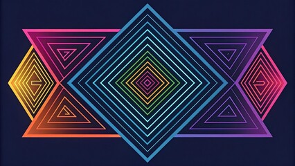 Colorful abstract geometric pattern with concentric circles, triangles, and squares on dark background. Retro pop art style, ideal for posters, backgrounds, and digital design.