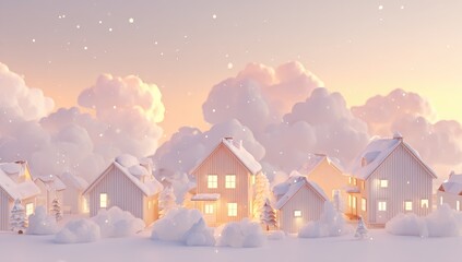 Pastel winter village scene