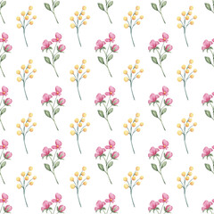 Seamless floral pattern minimalist repeating background with watercolor flowers. Fabric wallpaper print texture. Perfectly for backdrop, wrapped paper.