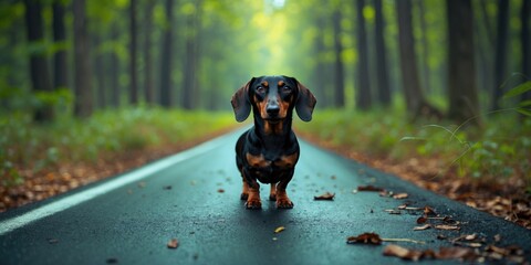 Dachshund Dog On The Road In The Forest with Empty Copy Space For Text