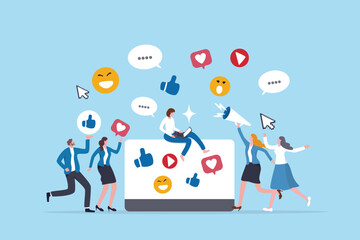 Social media job, online strategy team or internet community customer management, social network career, marketing professional, business people online team working with social media components.