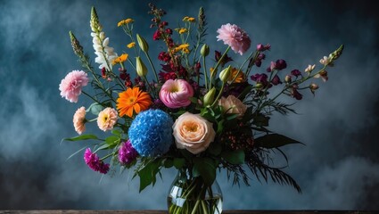 Selective focus on a fresh flower bouquet. Botanical composition for a wedding or greeting. Arrangement of multi-colored, beautiful mixed flowers. Excellent garden flowers with space for text.