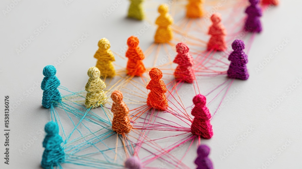 Poster Colorful String Lifeline Connects Multiple Figures in a Creative Representation of Relationships and Community Support