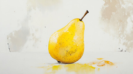 A vibrant yellow pear stands against a textured, bright background in this still life composition, evoking a sense of freshness and organic beauty.