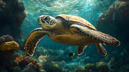 Obraz premium Sea turtle swimming amidst a vibrant coral reef.
