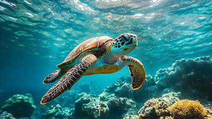 Fototapeta premium A sea turtle swims gracefully through the coral reef.