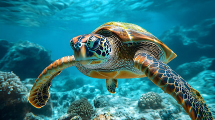 Fototapeta premium A sea turtle glides gracefully through the vibrant coral reef.