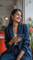 Fototapeta premium young beautiful woman holding smartphone and smiling