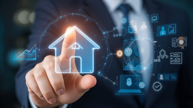 Real estate investment concept. Man touch virtual house icon for analyzing mortgage loan home and insurance real property mortgage. interest rate, Investment planning, business real estate.