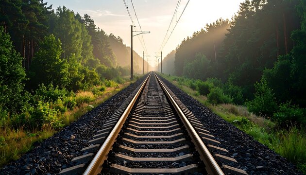 Parallel railway tracks fading into misty forest with morning haze