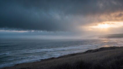 A very dramatic, misty and stormy winter scene at sunrise of sea and sky looking towards Loe Bar