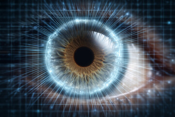 Biometric technology. High-resolution close-up of a human eye with intricate iris patterns and digital grid overlays