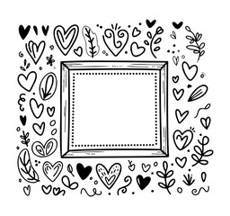 Decorative frame surrounded by intricate hand-drawn hearts and leaves in black and white design for art or crafts projects