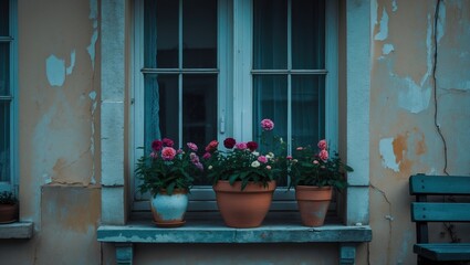 A vertical shot of a window with flowers in pots and a bench outside