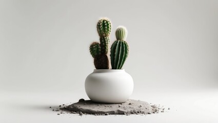 A Small Cactus In White Vase With Ground On White Background, featuring empty space for text.