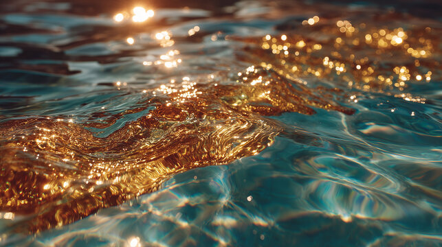 Close up green water  and beautiful gold sunlight reflection.