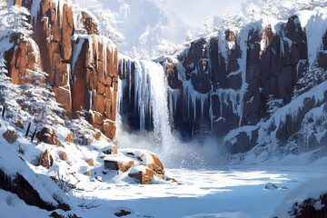 Waterfall flowing into icy water surrounded by snow covered rocks and mountains.