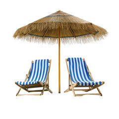 Two beach chairs under a straw umbrella, summer vacation scene on transparent background