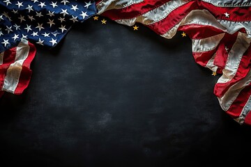 Patriotic American Flag Frame with Chalkboard Center, Rustic U.S. flag border with glittery gold stars framing a blank black chalkboard center, perfect for patriotic holiday messages or promotions.

