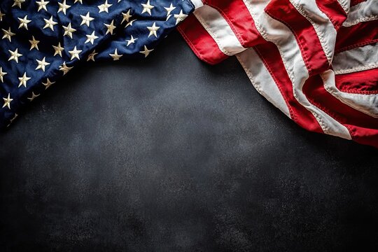 Patriotic American Flag Frame with Chalkboard Center, Rustic U.S. flag border with glittery gold stars framing a blank black chalkboard center, perfect for patriotic holiday messages or promotions.

