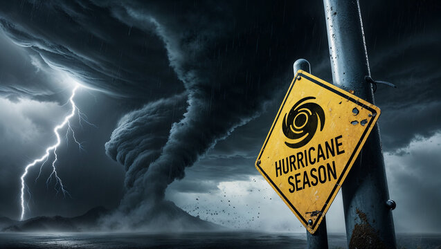 Weathered "Hurricane Season" banner-style warning sign on a rusty pole under a dark, stormy sky with heavy clouds and rain.