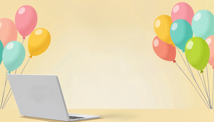 Laptop on table with colorful balloons in bright pastel colors  