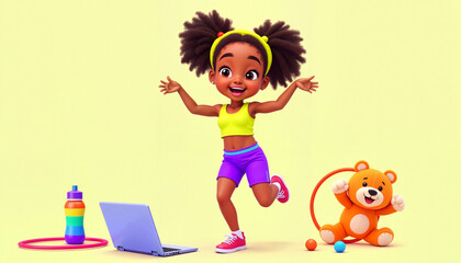 Happy girl dancing next to laptop and toys in a colorful room  