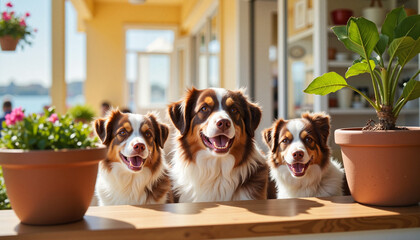 Three happy dogs sitting by potted plants in a sunny outdoor setting  