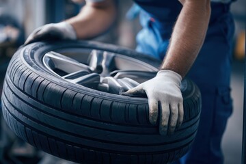 Obraz premium Close-up of a mechanic in uniform and gloves handling a brand new car tire with alloy wheel inside a service garage.