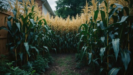 Obraz premium Thickets Of Corn In Garden In Backyard On Summer Day