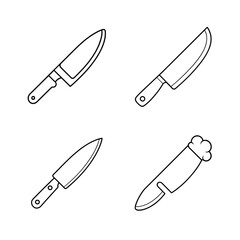 Four different outlined kitchen knives set illustrations in black and white on a plain background.