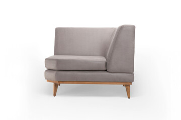 Modern gray corner sofa module with a wooden base. Sectional furniture piece isolated on a white background for creating custom sofa configurations.
