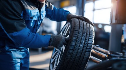 Obraz premium Close-up of a mechanic in uniform and gloves handling a brand new car tire with alloy wheel inside a service garage.
