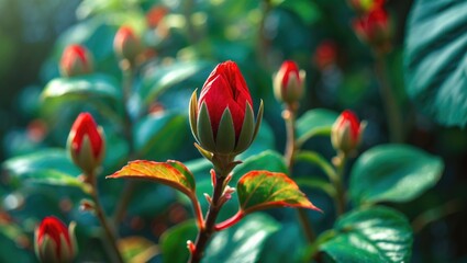 Selected focus, red flower bud plant with blurred green leaves background.