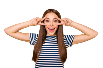 Portrait of sweet teenager making v-signs shouting wow wearing white t-shirt isolated over yellow background