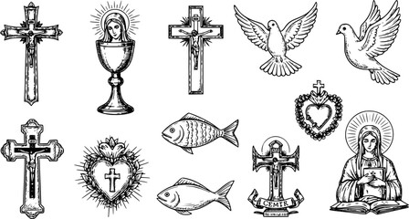 Faith in God, concept. Hand drawn Bible symbols collection in vintage engraving style. Sketch vector illustration
