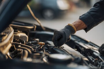 Car mechanic working with a wrench on a car engine, close-up view of hands holding a wrench.