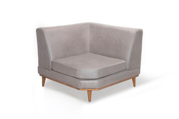 A contemporary corner armchair upholstered in textured gray fabric with a wooden base, shot from an angle on a white background. Perfect for modern interiors.
