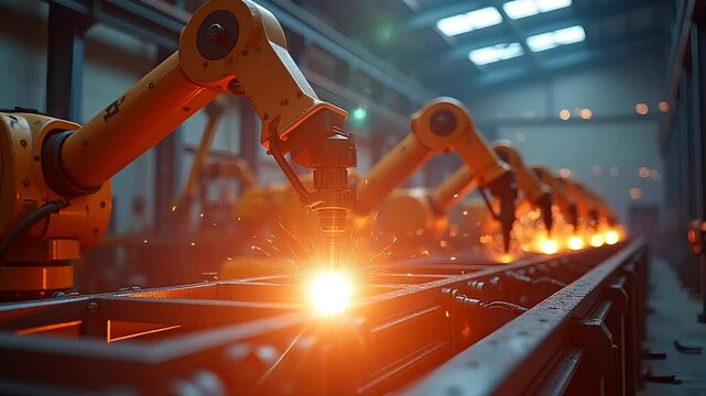 Row of Orange Robotic Arms Welding Metal on Conveyor Belt in Dark Industrial Factory with Sparks and Smoke