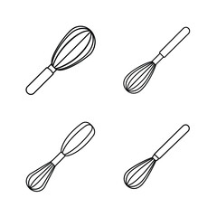 Black and white outlined kitchen whisks displayed in four different variations on a white background