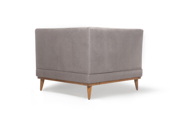 The back view of a minimalist gray corner armchair showcasing its clean lines and modern design. Isolated furniture piece on a solid white background.
