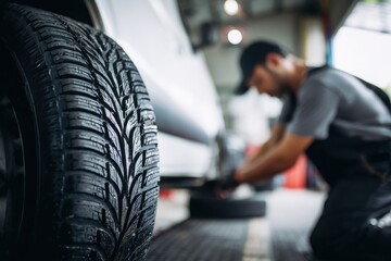 A man worker working with a car tire in the garage. The man, a mechanic, is changing winter and summer tires on a white truck or van at a service center.